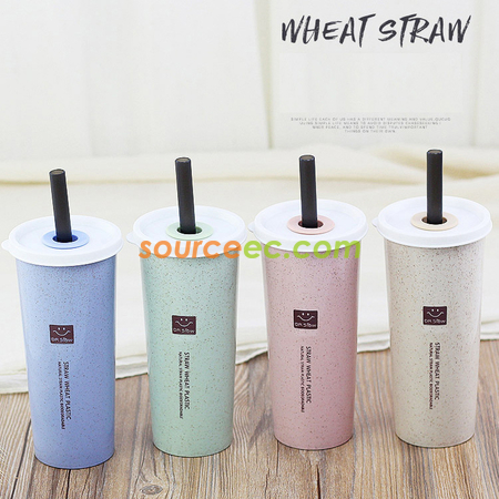 450ML小麥秸稈雙蓋帶吸管防漏水杯