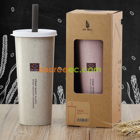 客製化450ML小麥秸稈雙蓋帶吸管防漏水杯禮品