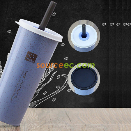 客製化450ML小麥秸稈雙蓋帶吸管防漏水杯禮品