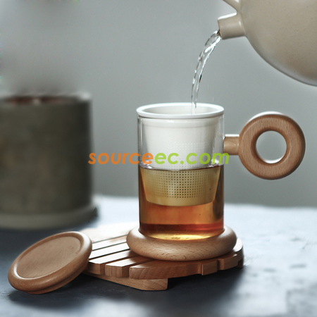 客製化木手柄創意泡茶玻璃杯禮品