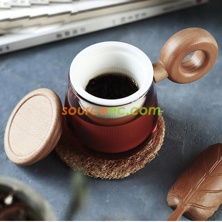 客製化木手柄創意泡茶玻璃杯禮品