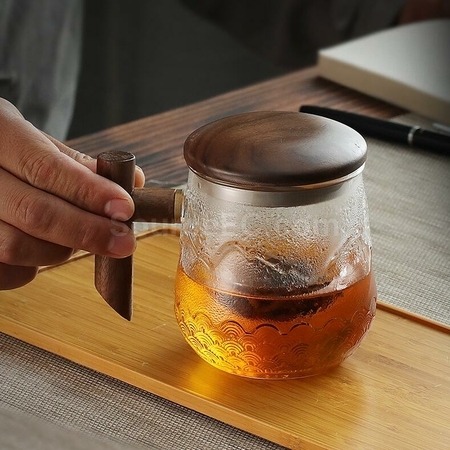 客製化高硼矽玻璃木柄山海紋理泡茶杯禮品