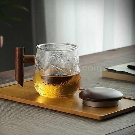 客製化高硼矽玻璃木柄山海紋理泡茶杯禮品