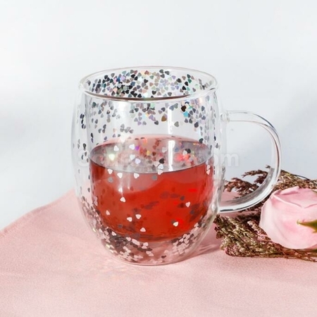 客製化亮心閃閃雙層手柄玻璃杯禮品