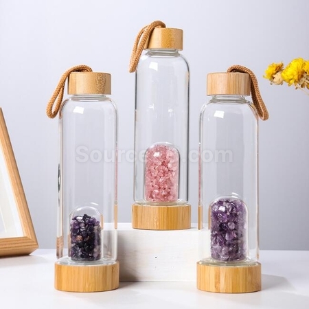 客製化竹蓋天然水晶碎石養生玻璃杯禮品