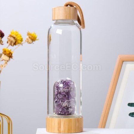 客製化竹蓋天然水晶碎石養生玻璃杯禮品