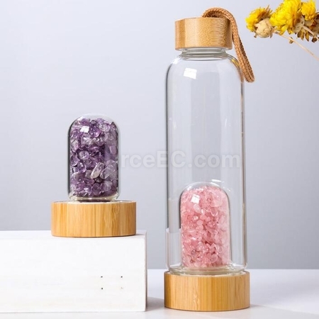 客製化竹蓋天然水晶碎石養生玻璃杯禮品