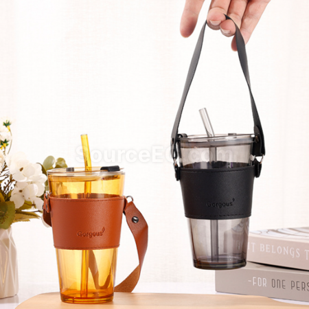 客製化吸管玻璃水杯帶蓋皮套提手禮品