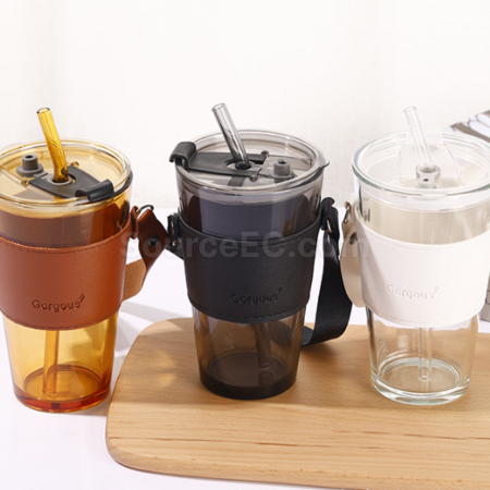 客製化吸管玻璃水杯帶蓋皮套提手禮品