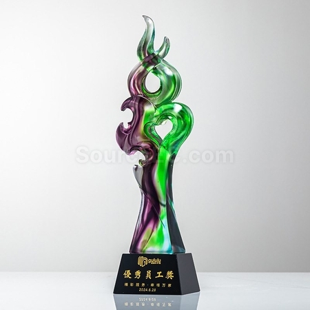 客製化綠紫炫彩琉璃水晶獎杯禮品