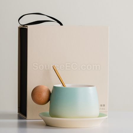 客製化漸變木柄陶瓷咖啡杯禮盒禮品