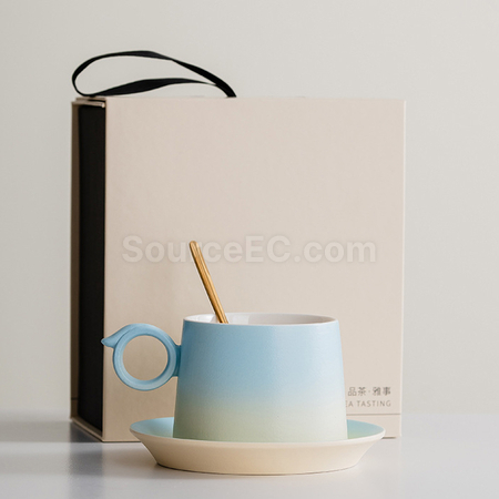 客製化漸變木柄陶瓷咖啡杯禮盒禮品