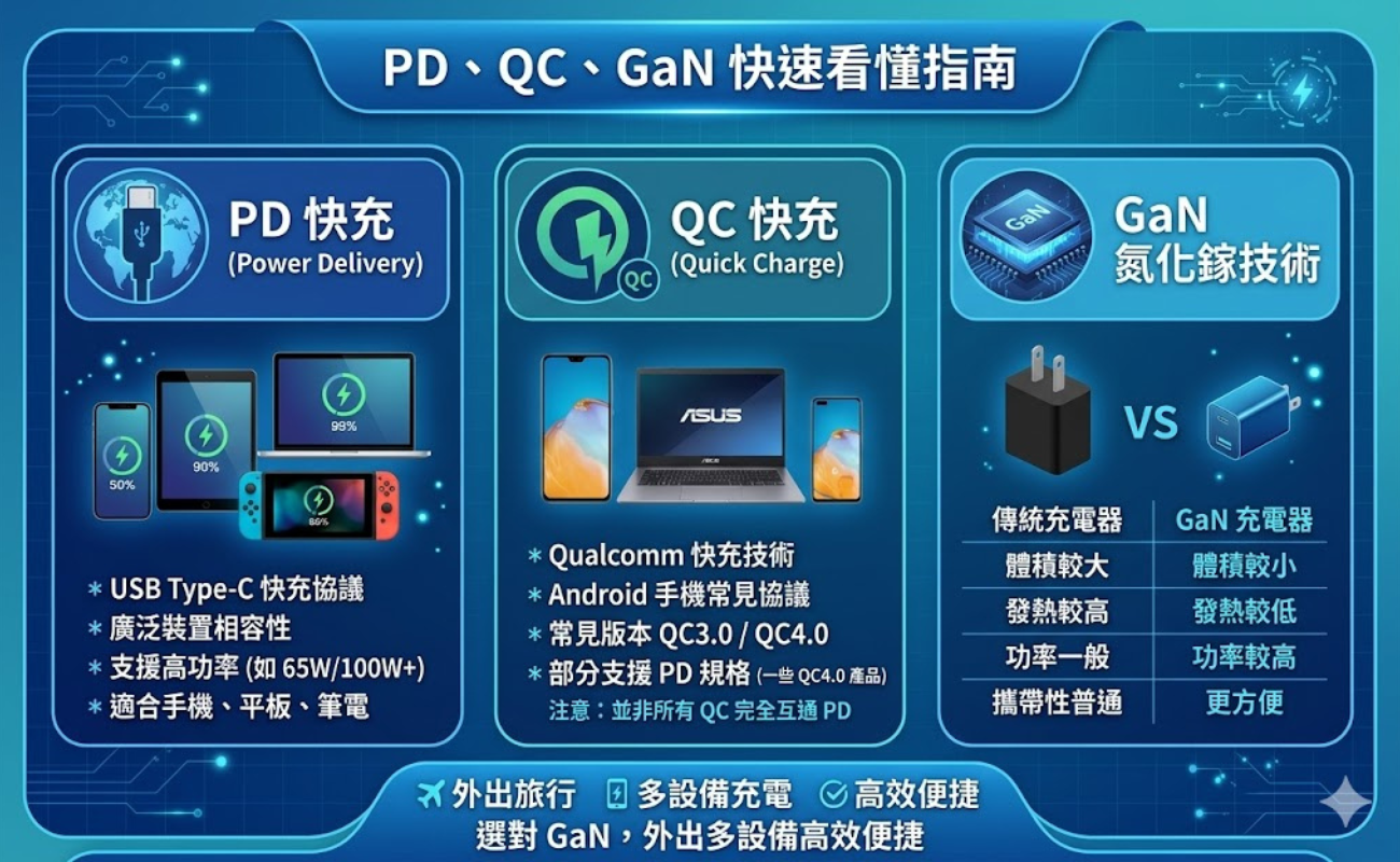 手機快充、PD快充、QC快充、GaN充電器、快充頭推薦、充電器怎麼選、快充線、Type-C快充、手機充電慢、快充原理