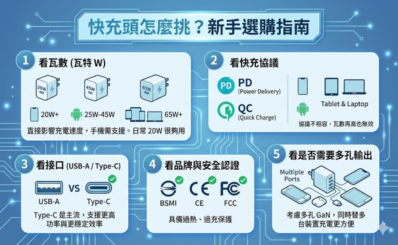 手機快充、PD快充、QC快充、GaN充電器、快充頭推薦、充電器怎麼選、快充線、Type-C快充、手機充電慢、快充原理