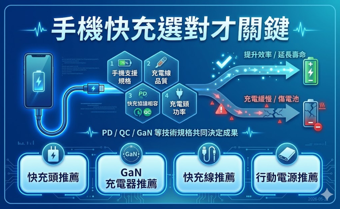 手機快充、PD快充、QC快充、GaN充電器、快充頭推薦、充電器怎麼選、快充線、Type-C快充、手機充電慢、快充原理