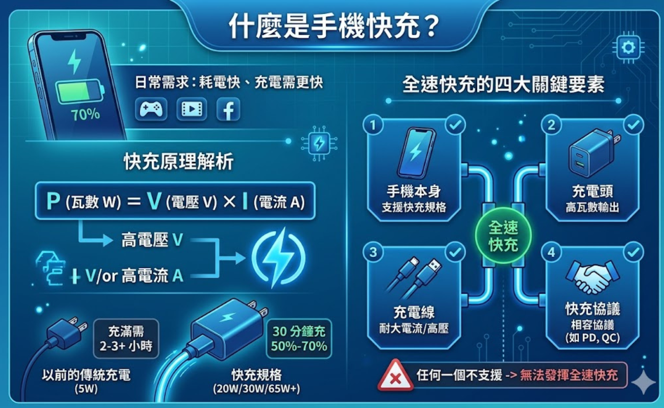 手機快充、PD快充、QC快充、GaN充電器、快充頭推薦、充電器怎麼選、快充線、Type-C快充、手機充電慢、快充原理