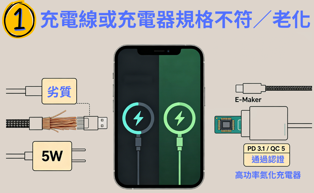 手機快充變慢, 手機充電變慢, 快充失效原因, 手機充電速度慢, 充電變慢怎麼辦, 快充原理, PD快充, QC快充, 充電線選擇, 充電頭瓦數, 手機電池老化, 手機過熱充電, 背景程式耗電, 快充技巧, 手機充電問題
